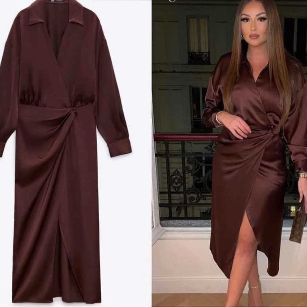 Zara * Satin Effect‎ Wrap Dress Brown Midi* NWT